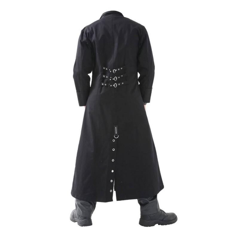 Men Black Long Gothic Coat Studs Buckle Punk Chrome Emo Coat